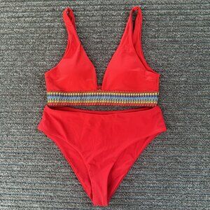 Red 2 Piece Bikini Set Sz Large High Waist & Cut Stitch Detail Contrast Trim